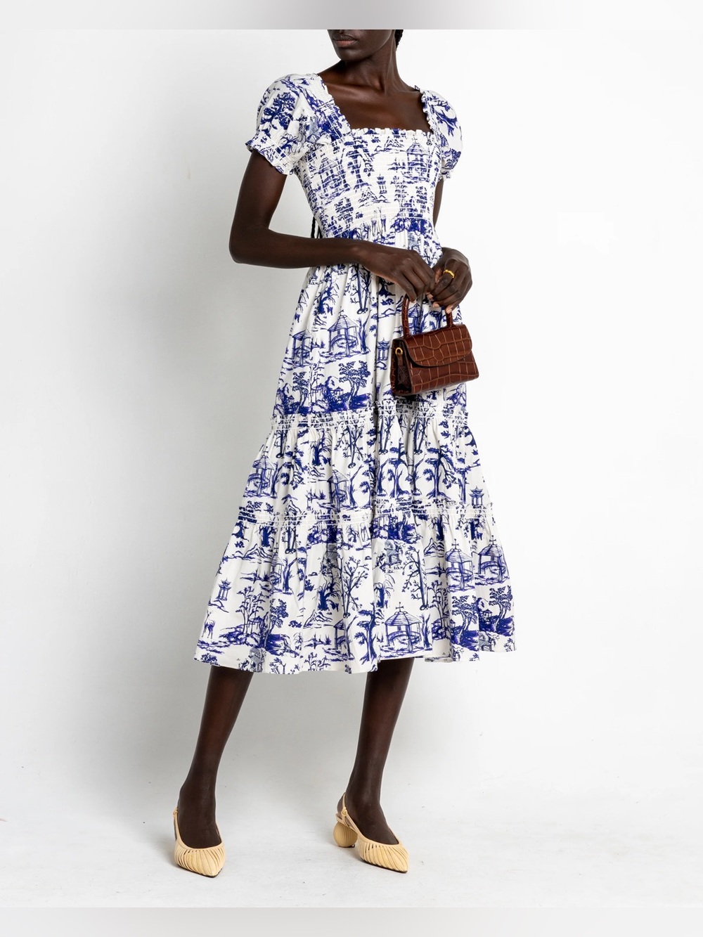 o.p.t. NWT Daphne White Midi Sun Dress with Navy Toile Print Medium